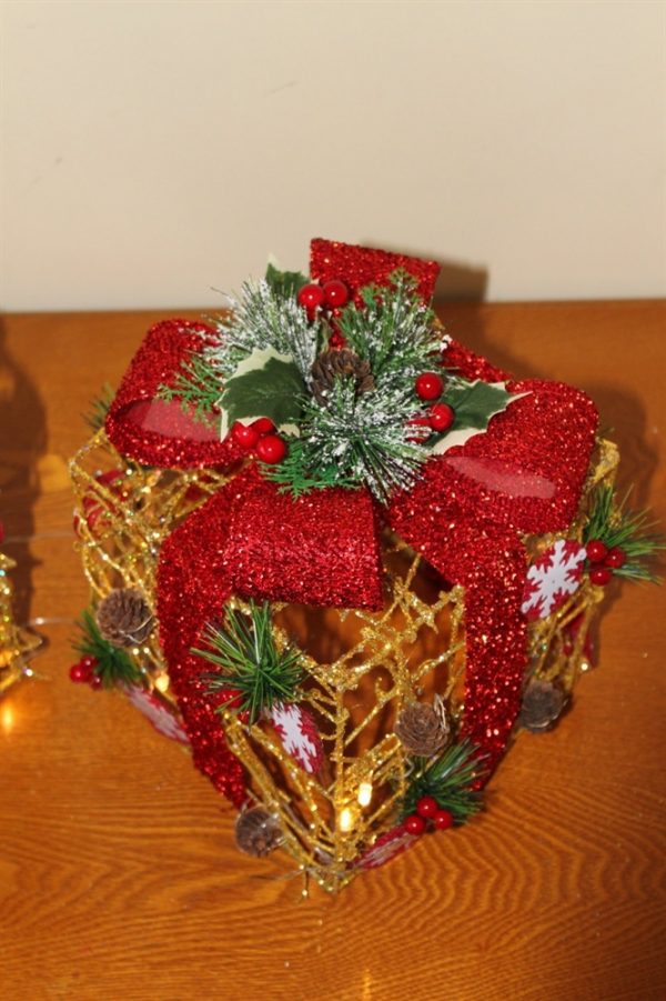 Gold Rattan Parcels with Red Bow-Battery