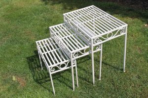 Set of 3 Metal Side Tables or Plant Stands in Antique White Finish