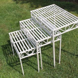 Set of 3 Metal Side Tables or Plant Stands in Antique White Finish
