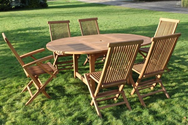 Solid Teak Oval Extending Garden Dining Table & Six Chairs
