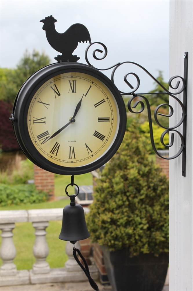 Double Sided Garden Clock With Bell and Cockeral 2 Double Sided Garden Clock With Bell and Cockeral