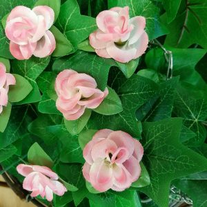 Artificial Floral Hanging Basket with Chain, Wicker Effect Basket with 270 Plastic Leaves and 30 Pink Rose Style Silk Flowers, Trailing Display, No Watering Required gallery 1