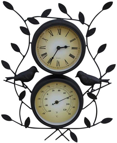 Leaf Bird Design Clock With, Outdoor Clock And Thermometer Uk