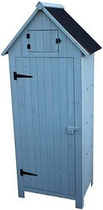 Wooden Tool Shed Storage Cabinet Blue/Green, Tall Outdoor Garden Storage with Felted Roof, Shelves and Top Compartment, 77cm Wide x 180cm Tall