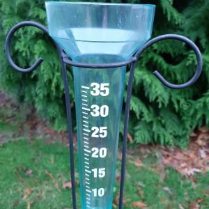 Rain Gauge with Steel Frame and Plastic Rain Collector, Ornate Black Painted Holder with 90cm Ground Spike Stand, Metric Markings for Garden Use gallery 1