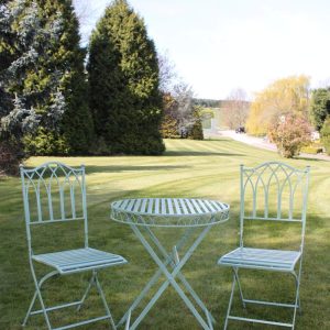 Folding Metal Garden Bistro Set in Sage Green Finish, Versailles Style 60cm Round Table and 2 Folding Chairs, Compact Patio Set, Easy Storage, Table Assembly Required gallery 1
