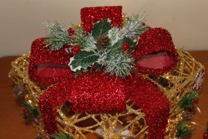 Gold Rattan Parcels with Red Bow-Battery