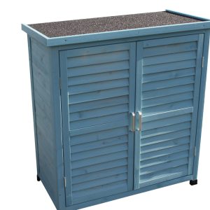Wooden Garden Tool Shed Storage Cabinet, Blue/Green Outdoor Storage Unit with Shelves and Double Doors