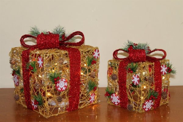Gold Rattan Parcels with Red Bow-Battery