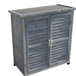 Grey Garden Tool Shed Wooden Storage Cabinet, Waterproof Felt Roof with Magnetic Catches and Sliding Bolt, Louvred Double Doors, 3 Internal Shelves, 87cm Wide