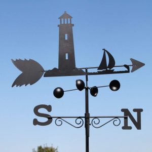Lighthouse Steel Weathervane with Sailing Boat, Black Finish, Wall Fixing Bracket and 1.7m Ground Spike, Wind Speed Indicator Cups, 50cm Wide Outdoor Weather Vane gallery 1