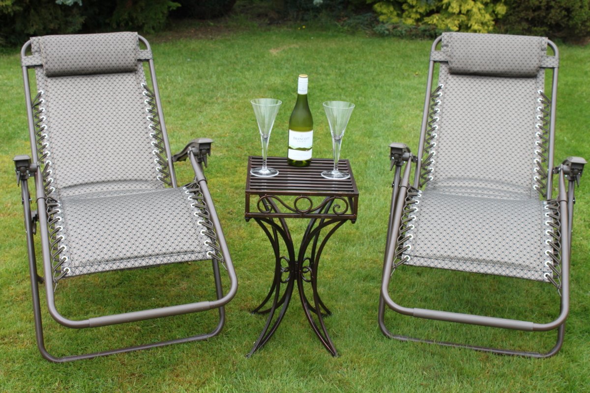 Olive Grove SET OF 2 Luxury Padded Lay Flat Garden Sun Loungers With Metal Side Table Worth /£25.99 Brown Tweed Weatherproof Textoline