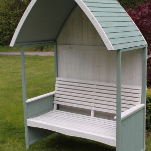 Garden Arbour with Integral Bench, Sage Green and White Timber Outdoor Seating Arbour, Treated Wood, 132cm Wide gallery 1