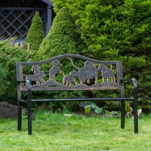 Metal Garden Bench with Cast Iron Puppies Design Back Rest
