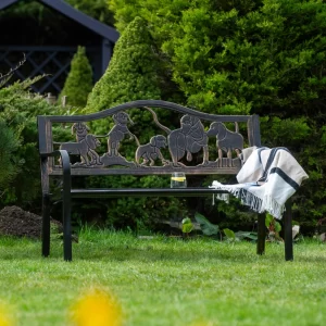 Metal Garden Bench with Cast Iron Puppies Design Back Rest gallery 1