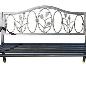 Metal Garden Bench with Cast Iron Floral Pattern Insert, Bronze Effect Outdoor Bench, 2–3 Seater Patio Seating