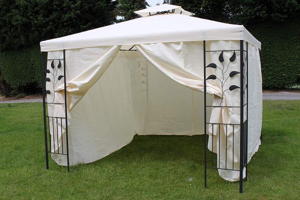 3M Square Garden Gazebo Cream Cover & Polyester Curtains Strong Steel Frame 