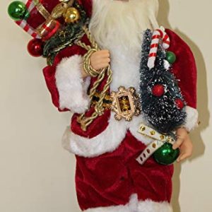 30cm Tall Father Christmas Figure, Traditional Santa Style with Sack of Presents and Christmas Tree, Freestanding Solid Ornament with Fabric Clothing for Indoor Display gallery 1