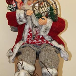 45cm Tall Sitting Father Christmas Figure, Rustic Santa Style with Sack of Toys and Snow Shoes, Solid Decorative Ornament with Fabric Clothing for Indoor Display gallery 1