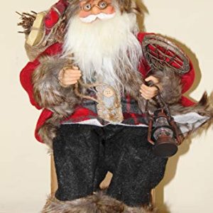 45cm Sitting Father Christmas Figure with Sack of Presents, Snow Shoes and Lantern, Rustic Indoor Santa Decoration with Fabric Clothing for Mantels and Shelves gallery 1