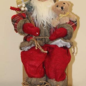 45cm Tall Sitting Father Christmas Figure, Rustic Santa Style with Sack of Presents and Teddy Bear, Solid Decorative Ornament with Fabric Clothing for Indoor Display gallery 1