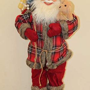 60cm Tall Father Christmas Figure, Rustic Santa Style with Tartan Coat, Sack of Presents and Teddy Bear, Freestanding Solid Ornament with Fabric Clothing for Indoor Display gallery 1
