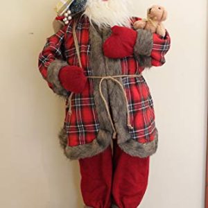 Standing Father Christmas Figure with Sack of Presents and Teddy Bear, Rustic Santa Decoration with Tartan Jacket, Free Standing Festive Ornament, 90cm Tall gallery 1