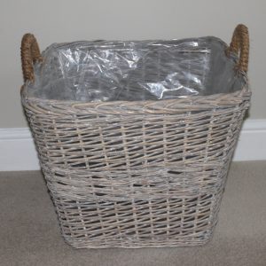 Large Square Willow Log Basket in Washed Grey With Rope Handles and Plastic Liner, 60cm Square x 50cm High, Tapered Base, Multi-Use Storage gallery 1