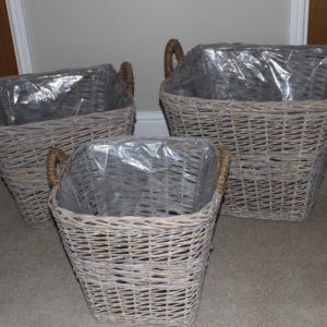 Set of 3 Square Willow Log Baskets, Washed Grey Wicker Storage Baskets with Rope Handles and Linings, Large Medium Small Set gallery 1