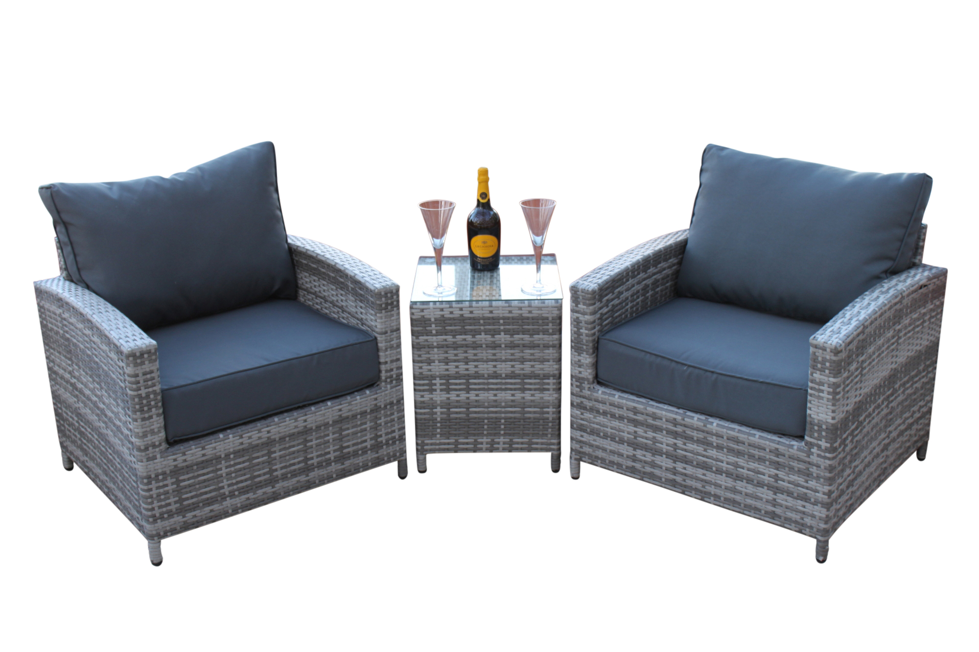 Windsor Luxury Grey Rattan Weave Duo Set- 2 Arm Chairs and a Side Table