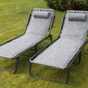 Set of 2 Luxury Padded Garden Sun Loungers, Grey Weatherproof Textoline Recliners, Lay Flat Outdoor Loungers with Adjustable Backrest gallery 1