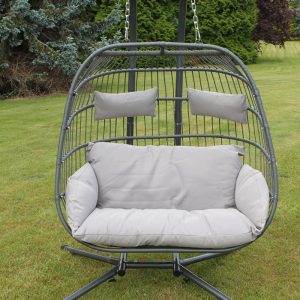 Roma 2 Person Hanging Garden Chair – Grey Folding Wicker Egg Chair with Steel Frame, PE Rattan Seat, Rope Detail and Grey Cushions for Outdoor Relaxing gallery 1