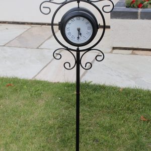 Bird Design Decorative Garden Clock with Thermometer, Black Metal Ground Spike Stand, Swivelling Clock and Thermometer, 12cm Faces, 75cm Tall, Uses 1 x AA Battery gallery 1