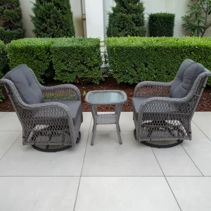 York Rattan Weave Duo Set – 2 Swivel Rocking Chairs & Side Table with Grey Cushions gallery 1