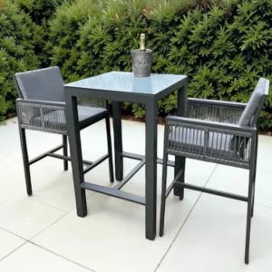 Monaco 2 Seater Tall Garden Bar Table & Stool Bistro Set – Grey Powder-Coated Aluminium with Grey Glass Top (70 x 70cm) and 2 Cushioned Rope-Side Chairs gallery 1