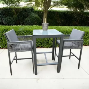 Monaco 2 Seater Tall Garden Bar Table & Stool Bistro Set – Grey Powder-Coated Aluminium with Grey Glass Top (70 x 70cm) and 2 Cushioned Rope-Side Chairs