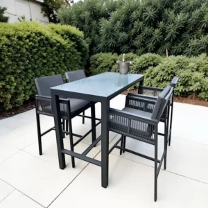 Monaco 4 Seater Tall Garden Bar Table & Stool Set – Grey Powder-Coated Aluminium, Glass Top (140 x 70cm) with Cushions and 4 Rope-Side Chairs