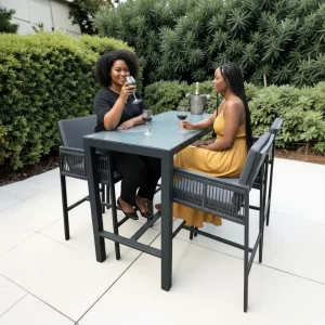 Monaco 4 Seater Tall Garden Bar Table & Stool Set – Grey Powder-Coated Aluminium, Glass Top (140 x 70cm) with Cushions and 4 Rope-Side Chairs gallery 1