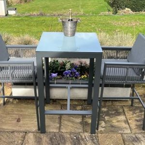 Monaco 2 Seater Tall Garden Bar Table & Stool Bistro Set – Grey Powder-Coated Aluminium with Grey Glass Top (70 x 70cm) and 2 Cushioned Rope-Side Chairs gallery 1
