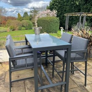 Monaco 4 Seater Tall Garden Bar Table & Stool Set – Grey Powder-Coated Aluminium, Glass Top (140 x 70cm) with Cushions and 4 Rope-Side Chairs gallery 1