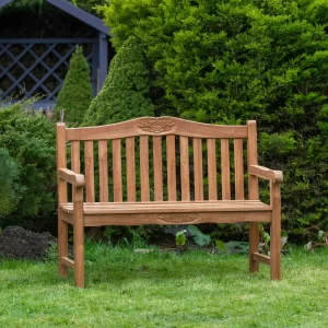 Solid Teak 2 Seater Garden Bench with Flower & Leaf Carvings