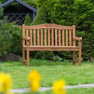 Solid Teak 2 Seater Garden Bench with Flower & Leaf Carvings gallery 1