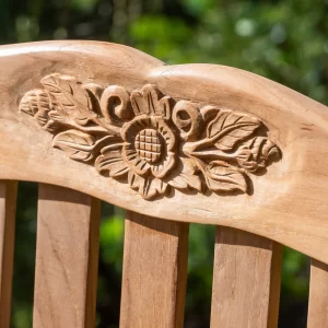 Solid Teak 3 Seater Garden Bench with Flower & Leaf Carvings gallery 1