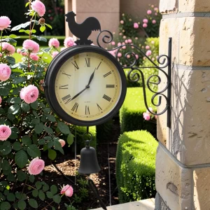 Double Sided Garden Clock with Bell and Cockerel