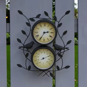 Leaf & Bird Design Clock with Thermometer