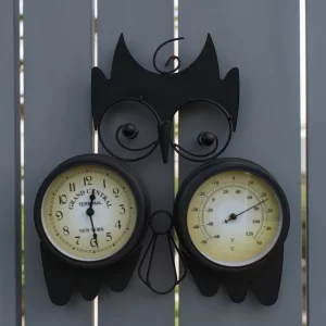 Owl Design Clock with Thermometer in Black Metal, Wall Mounted Indoor or Outdoor Feature with Mounting Bracket, 15cm Clock Face and 15cm Thermometer Face