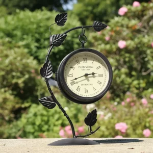 Double Sided Leaf Design Garden Clock in Black Metal