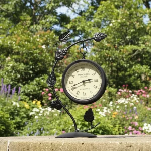 Double Sided Leaf Design Garden Clock in Black Metal gallery 1