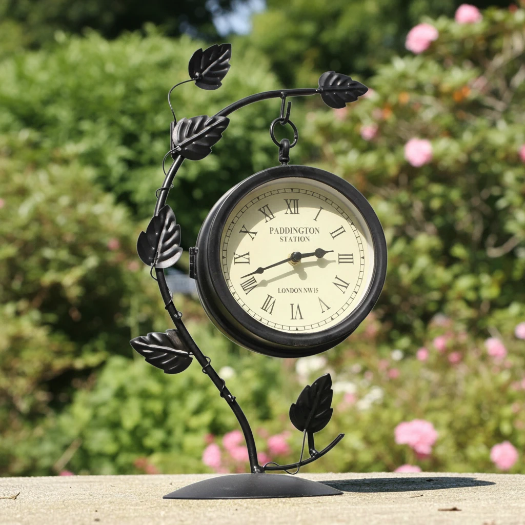 Double Sided Leaf Design Garden Clock in Black Metal | The Garden ...