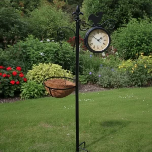 Cockerel Design Garden Clock and Thermometer with Hanging Basket gallery 1